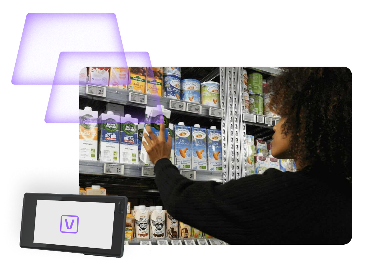 Vusion Electronic Shelf Labels connected with DUMAC POS system displaying real-time price updates in grocery aisles